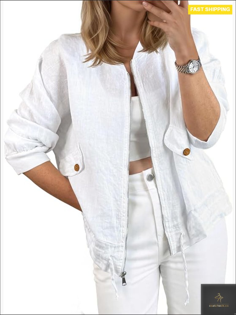 Lightweight Bomber Jacket Casual Zip Up Drawstring Cotton Linen Pockets